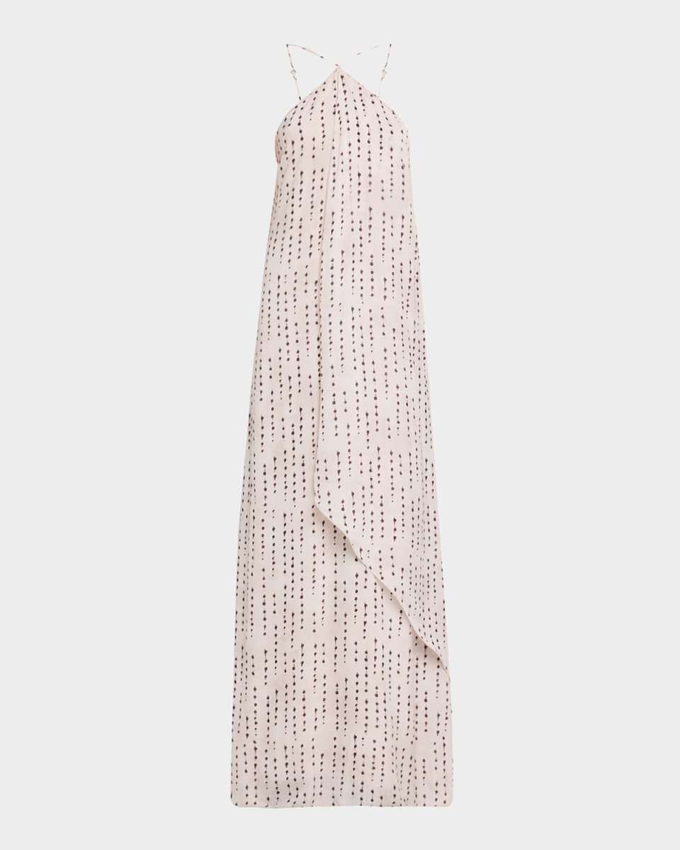 Draped Dot-Print Halter Maxi Dress